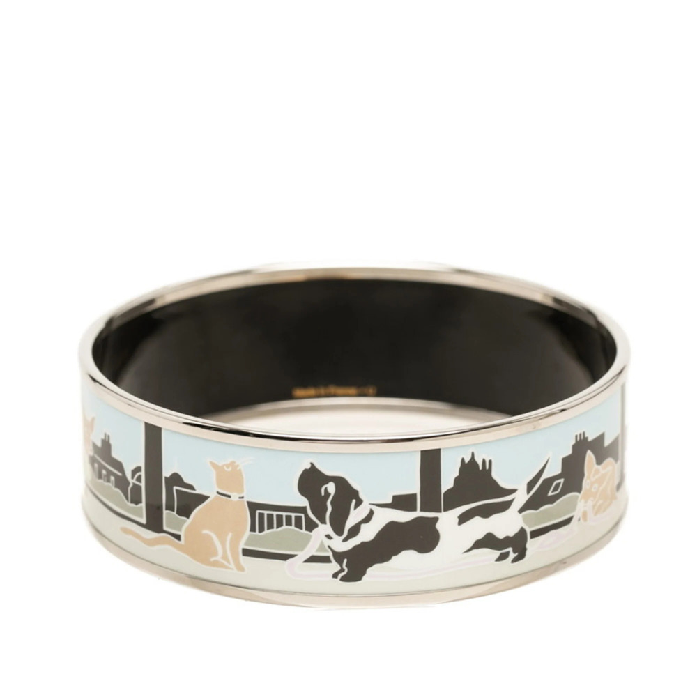 Hermes Chien Echa Parisian Bracelet Bangle Light Blue Silver Enamel Metal Wom...